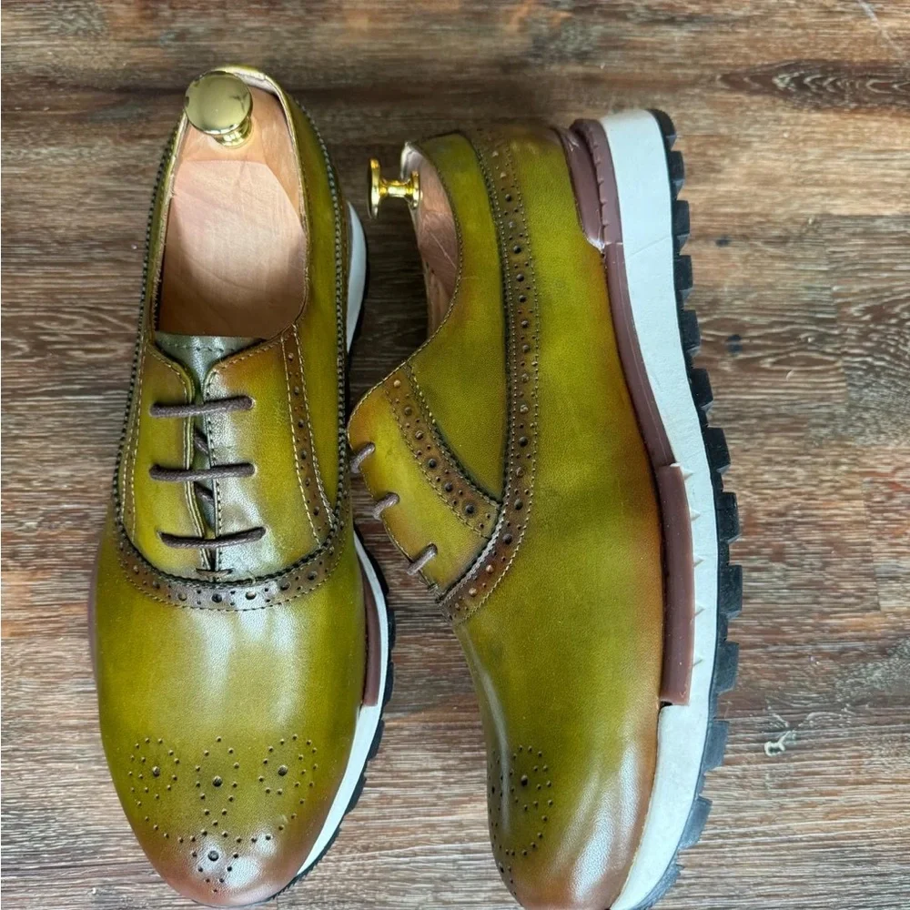 Green and Brown Leather Oxford Shoes with Brogue Detailing - Picture 2 of 4